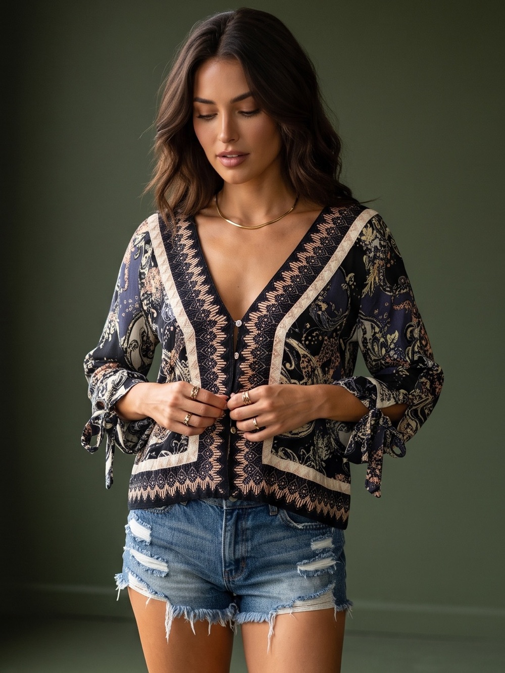 Free People Black Floral Boho Cropped Cardigan with Cream Trim